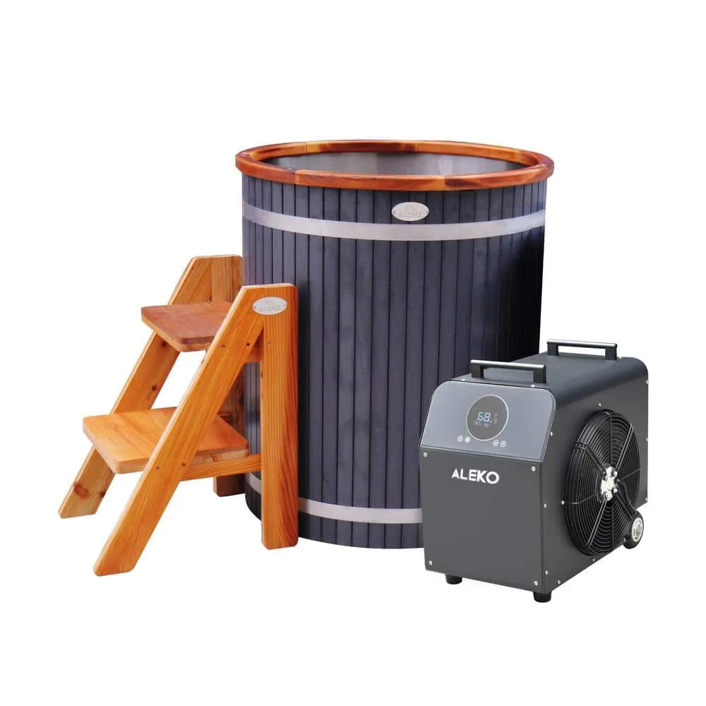 ALEKO Lumina vertical cold plunge barrel with cedar steps and 1 HP chiller heater unit, studio shot