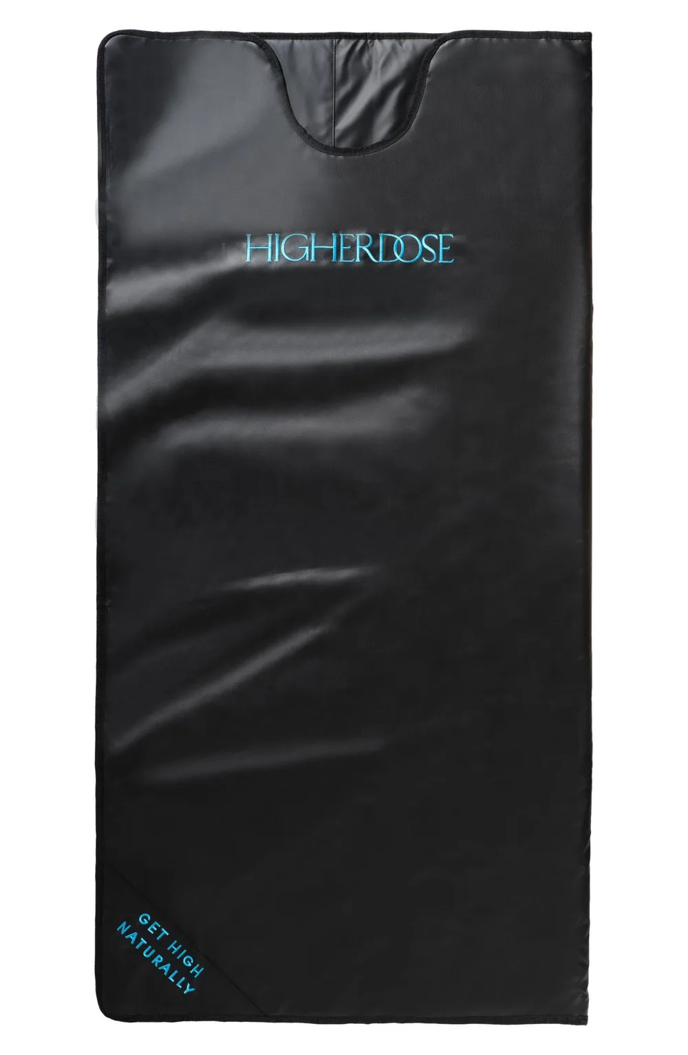 HigherDOSE infrared sauna blanket laid open flat, black exterior with teal logo stitching