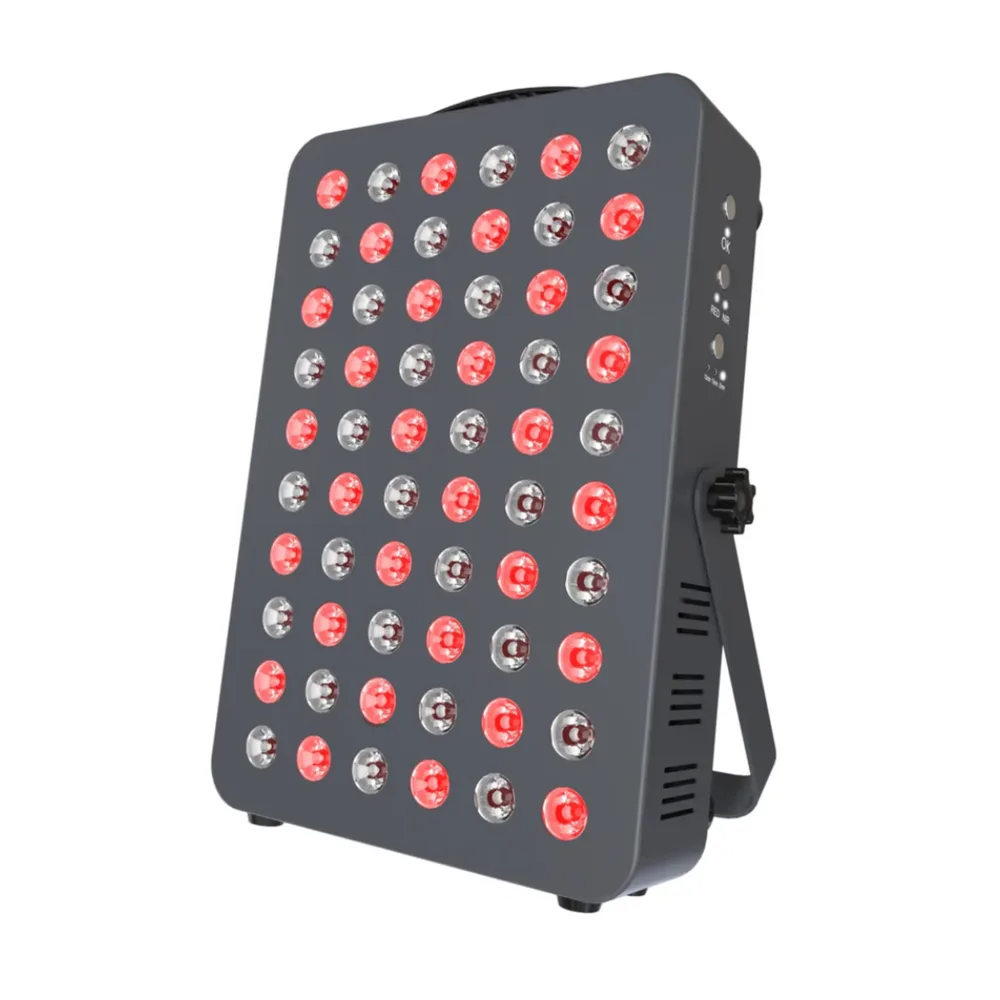 Hooga HG300 red light panel on a tabletop stand with LEDs lit