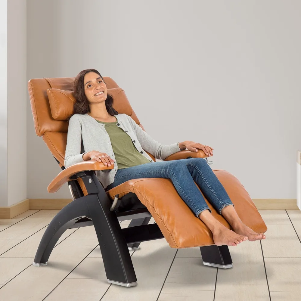 Human Touch Perfect Chair PC-420 in saddle leather with a woman reclining