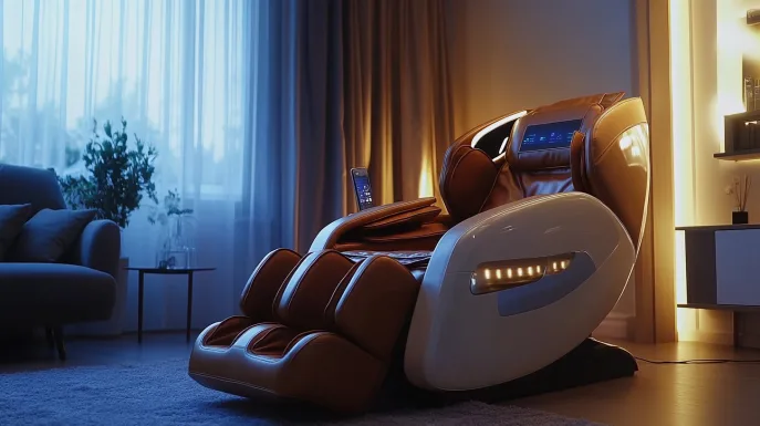 iRest A306 massage chair in tan and cream, reclined in a dim living room