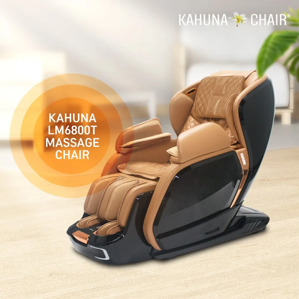 Kahuna LM-6800T massage chair in black and camel, shown in a living room in the maker's promotional photo