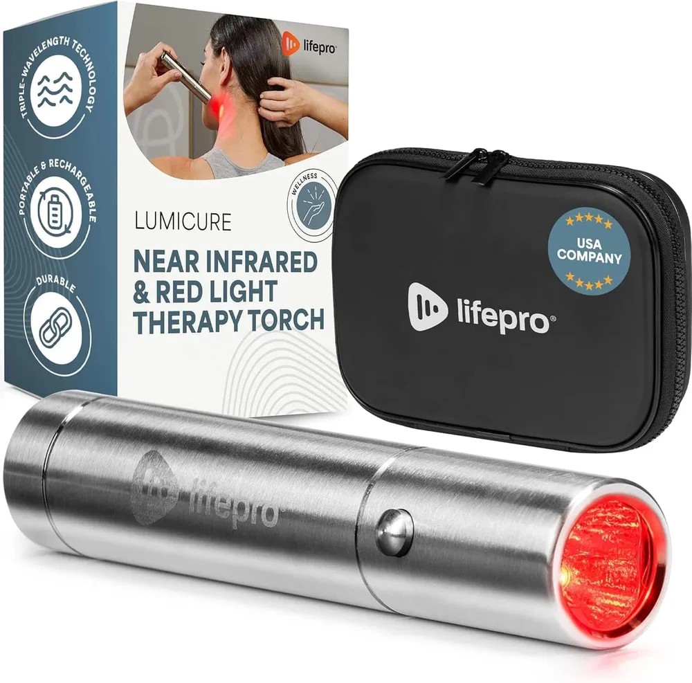 LifePro LumiCure handheld light torch in stainless steel with its box and carry case