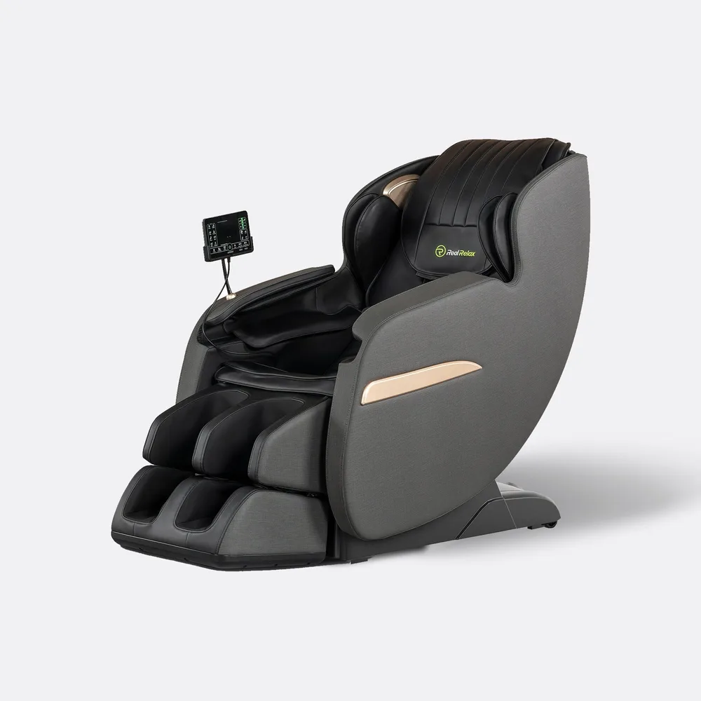 Real Relax Favor-03 massage chair in black, upright, with its remote screen mounted on the armrest