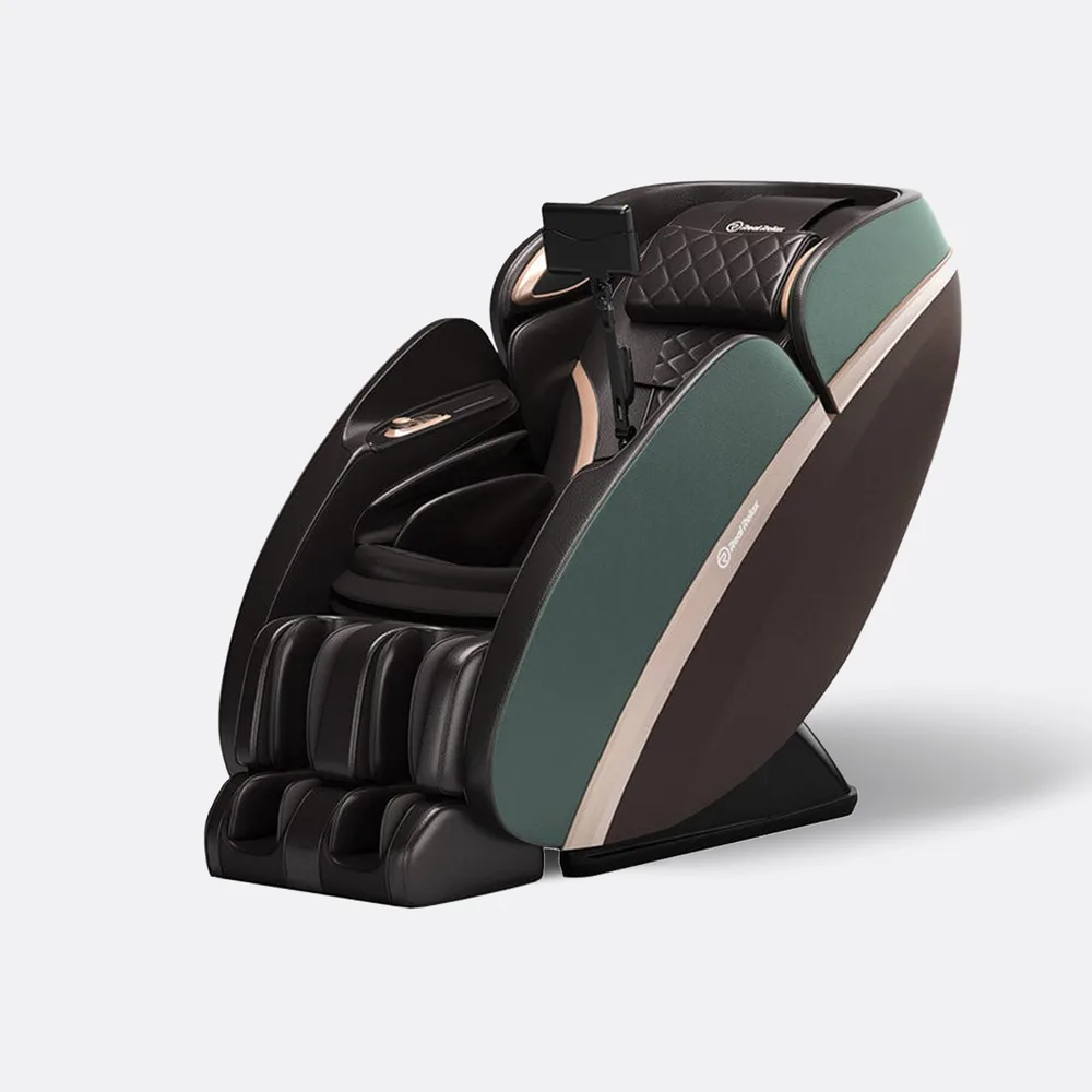 Real Relax PS6500 massage chair in brown and green, front three-quarter view