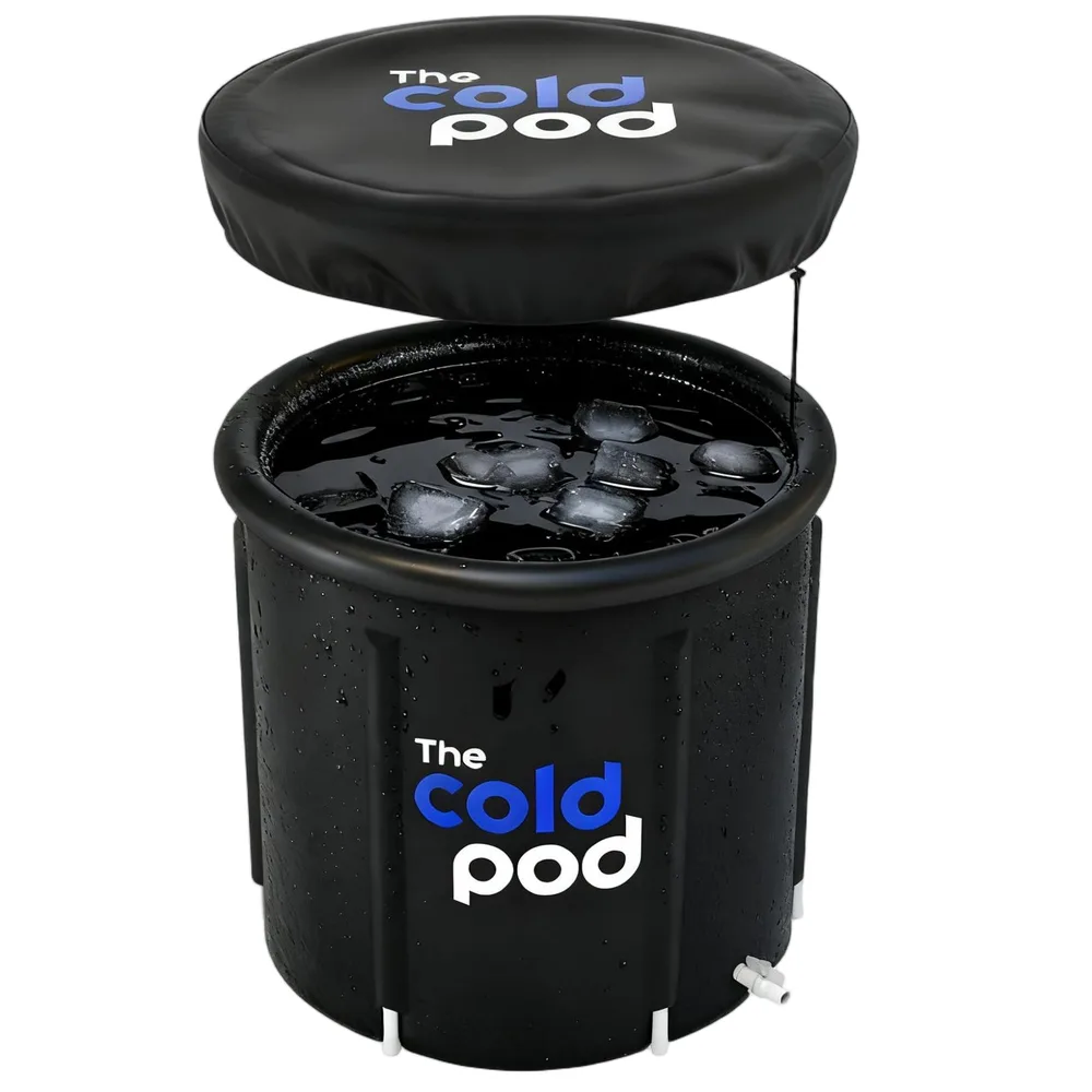 The Cold Pod 85 gallon black ice bath tub filled with ice, logo lid lifted above